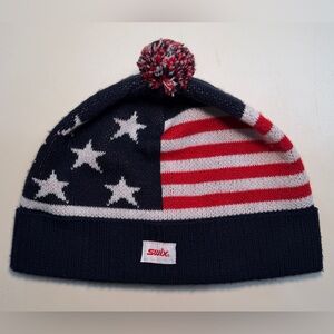 Swix Ski Hat American Flag Knit Red White & Blue Mini PomPom